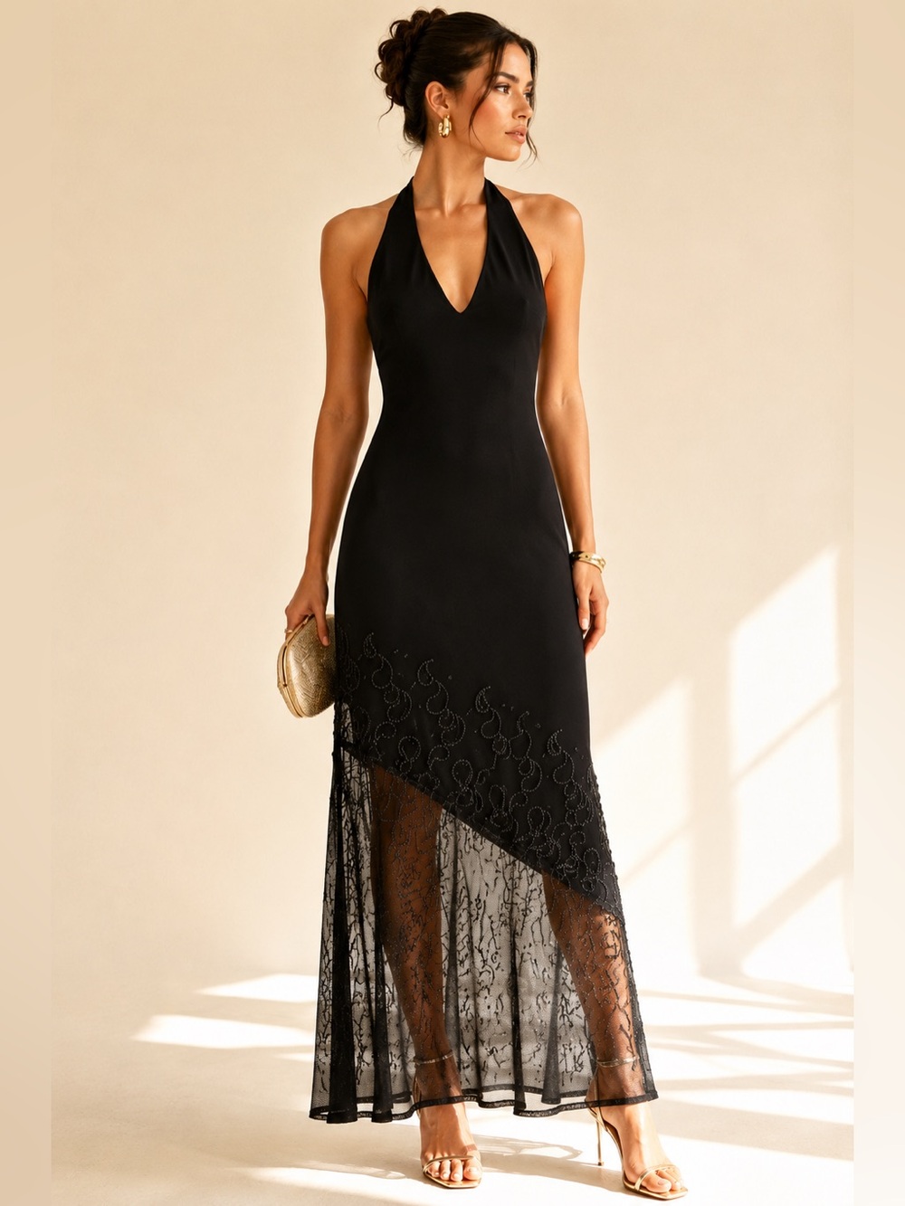 Y2K Halter Maxi Dress Sheer Mesh Paisley Beaded Statement Maria Bonita Sz M
